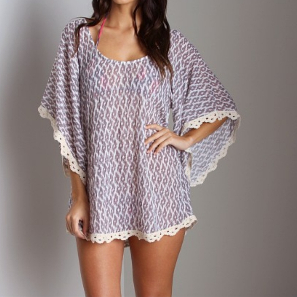 Eberjey Kaftan Tunic Cover Up Damask Print Bohoemian Mini Beach Dress S M - Picture 10 of 13